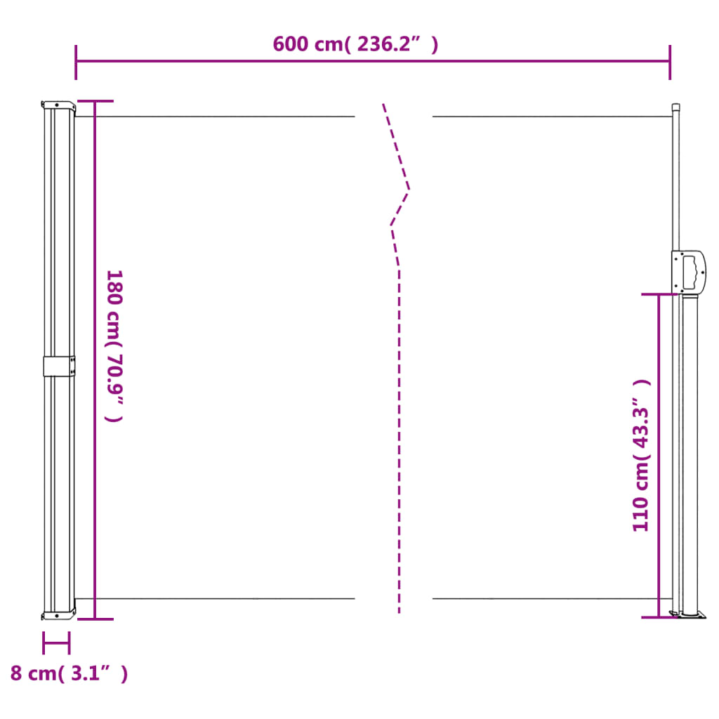 Zatahovací boční markýza terakotová 180 x 600 cm