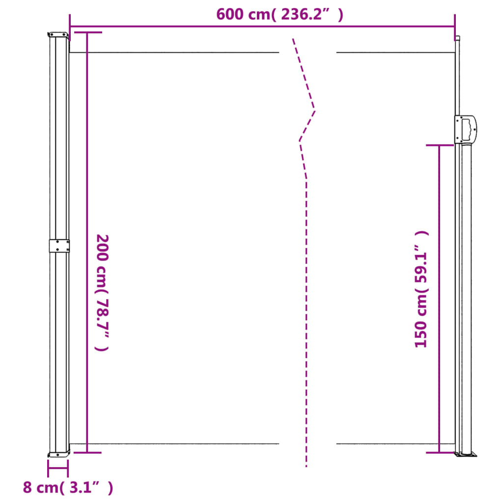 Zatahovací boční markýza krémová 200 x 600 cm