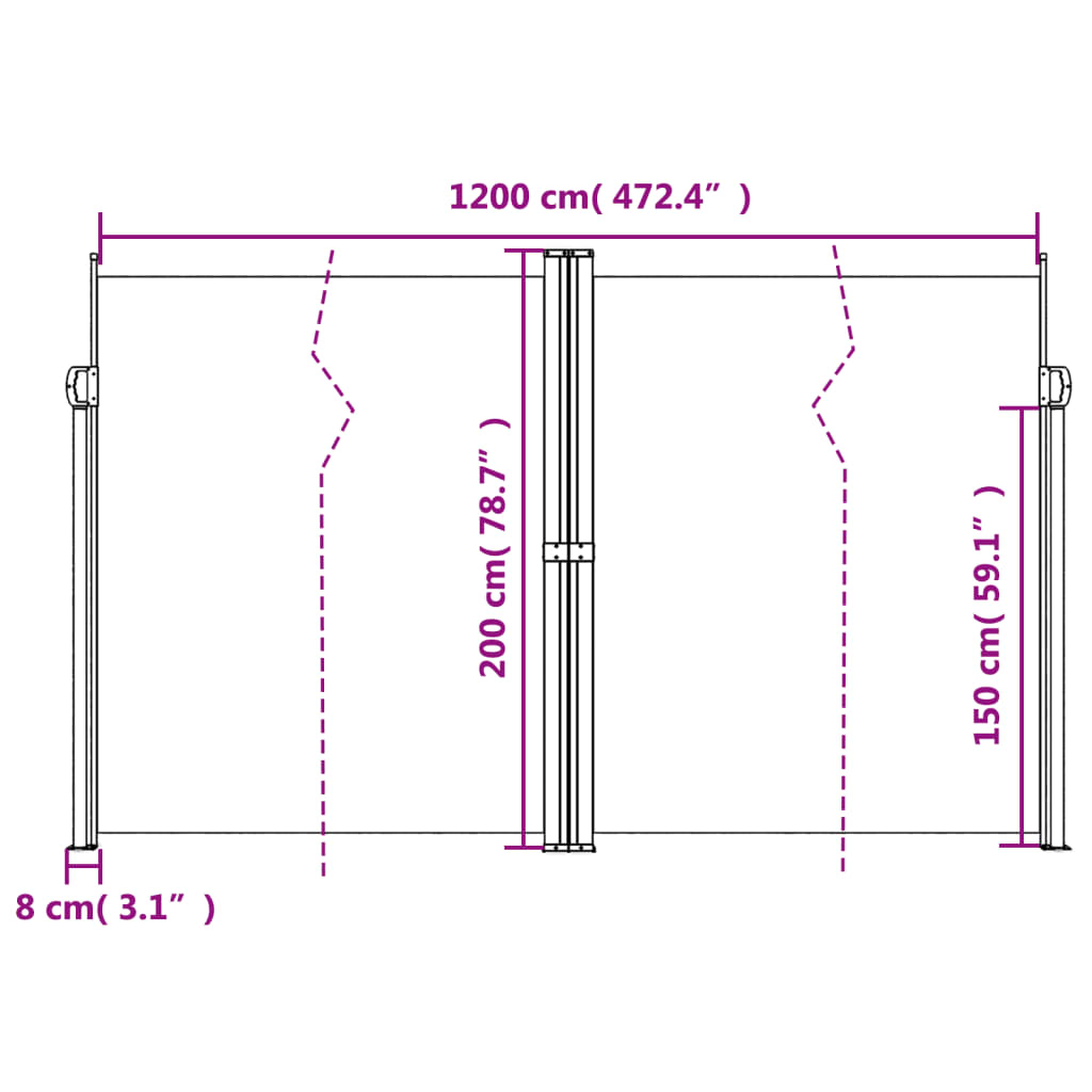 Zatahovací boční markýza černá 200 x 1 200 cm