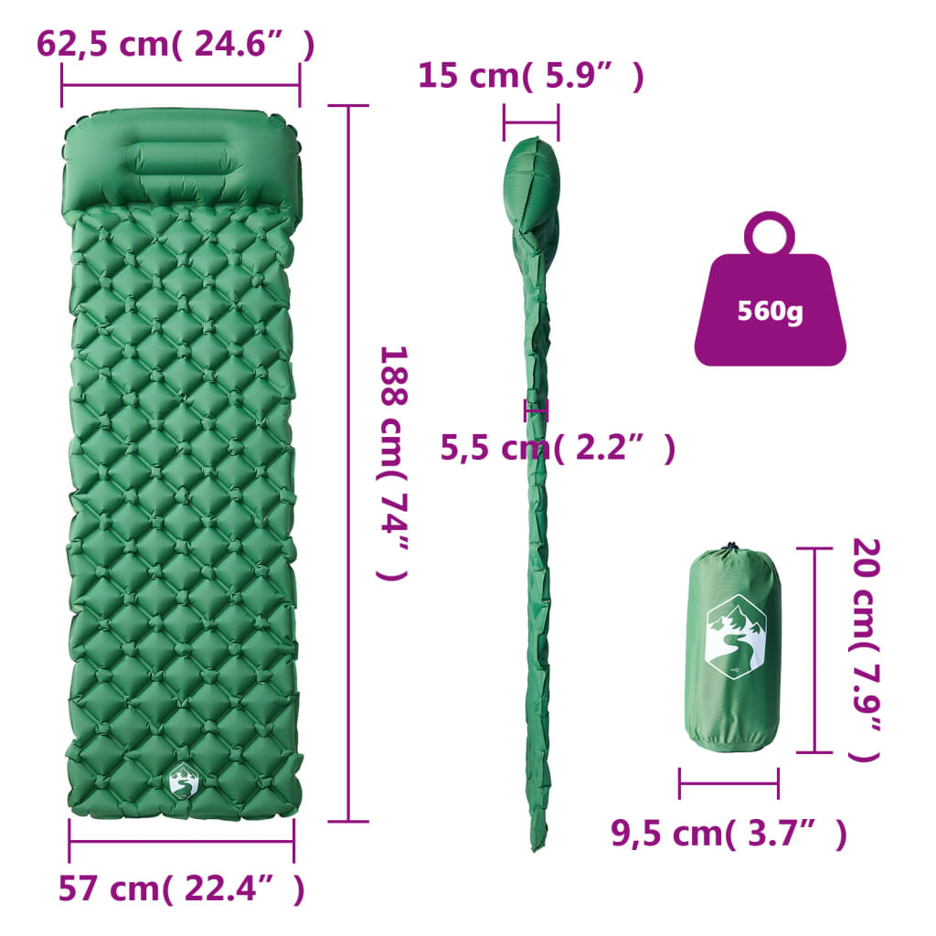Nafukovací kempingová matrace s polštářem pro 1 osobu zelená