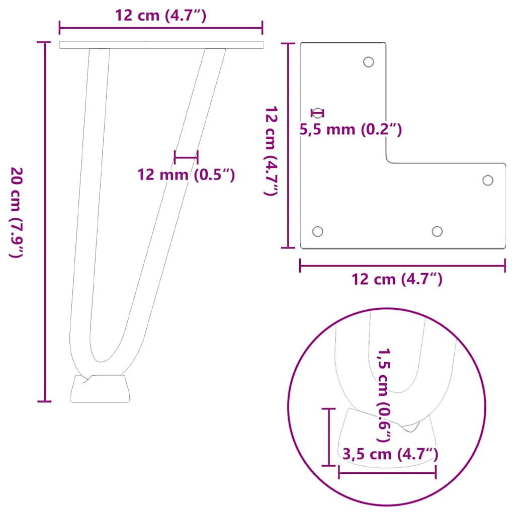 Stolové nohy do vlásenkovými 4 ks černé 20 cm masivní oceli