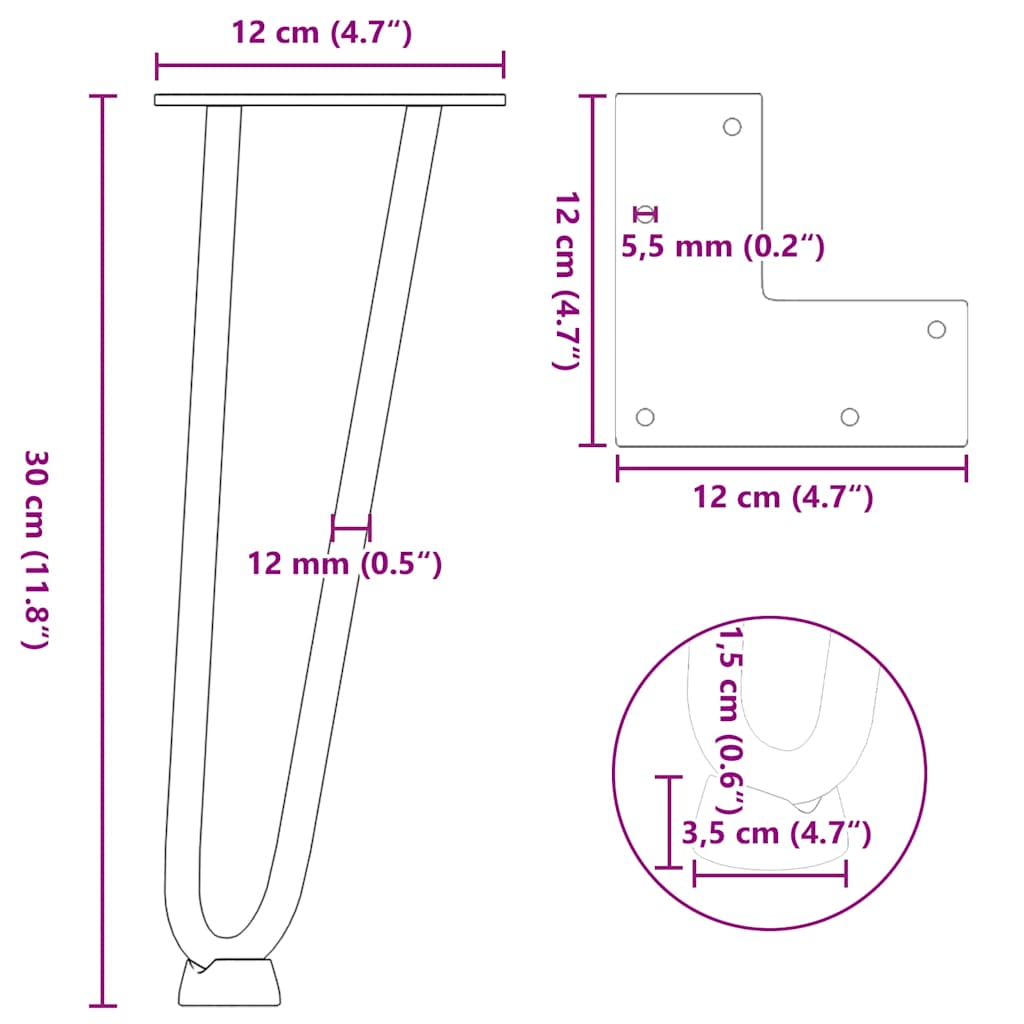 Stolové nohy do vlásenkovými 4 ks bílé 30 cm masivní oceli