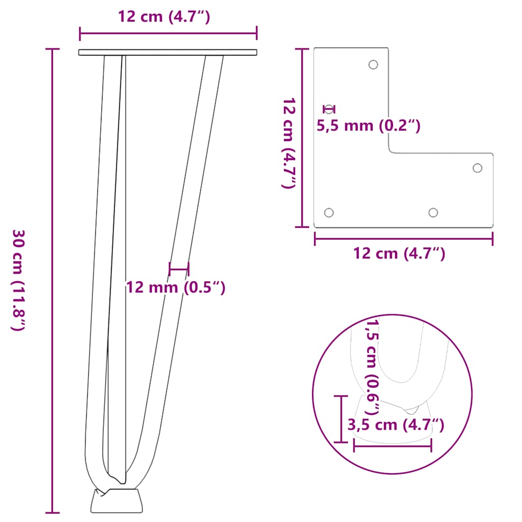 Stolové nohy do vlásenkovými 4 ks černé 30 cm masivní oceli