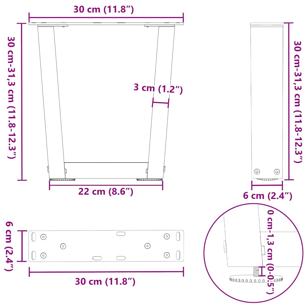 Nohy jídelní stolku ve tvaru V 2 ks 30x(30-31,3) cm ocel