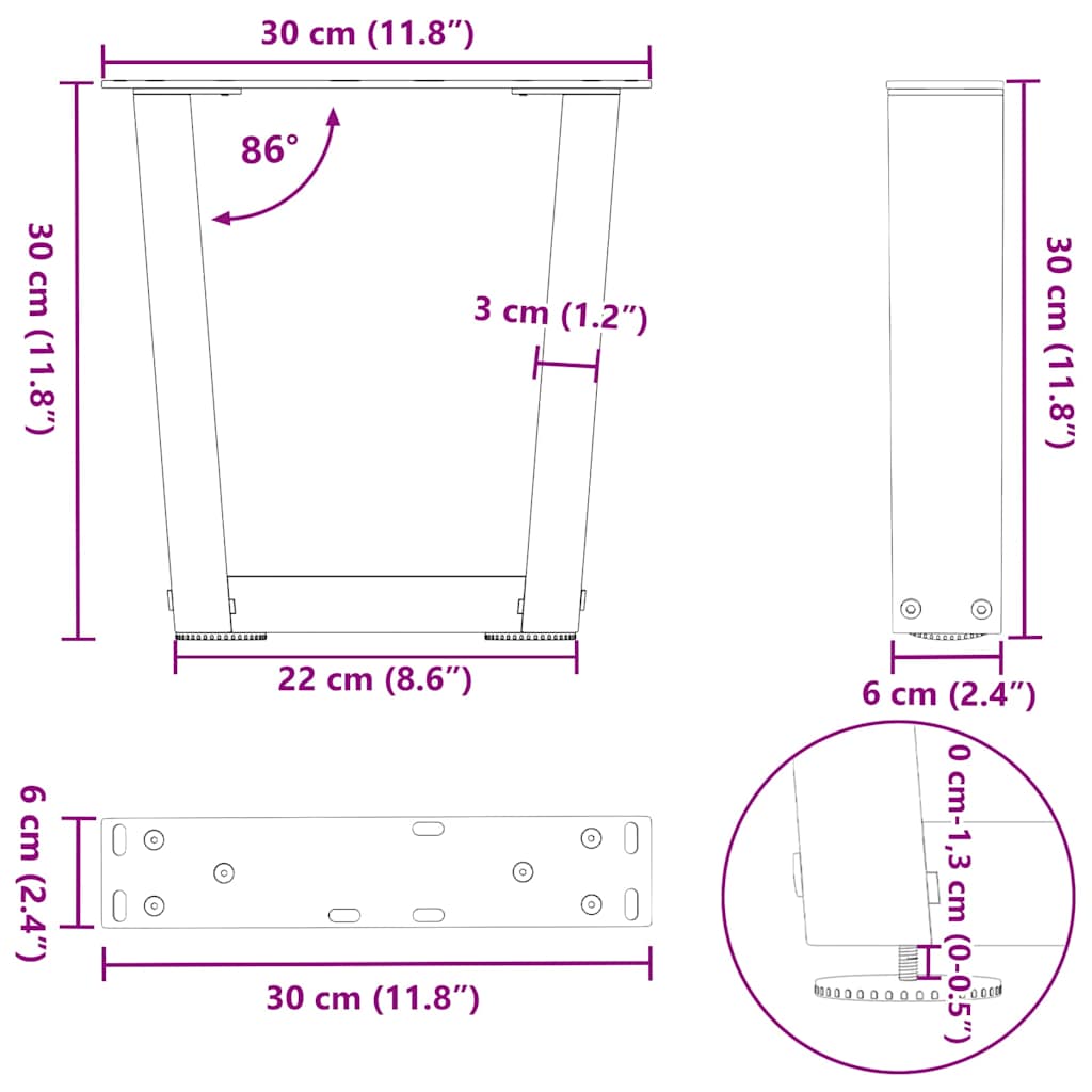 Nohy jídelní stolku ve tvaru V 2 ks 30x(30-31,3) cm ocel