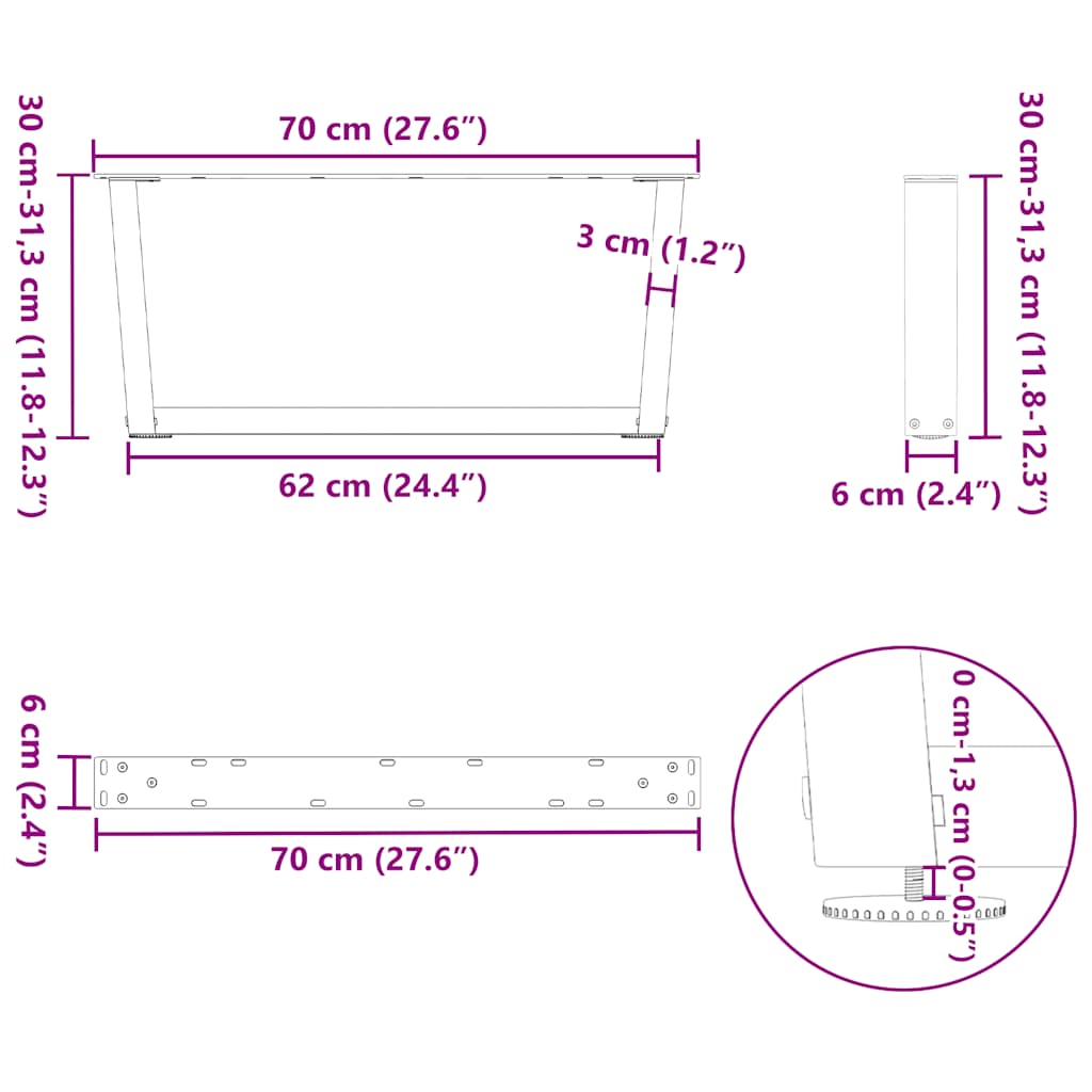 Nohy jídelní stolku ve tvaru V 2 ks 70x(30-31,3) cm ocel