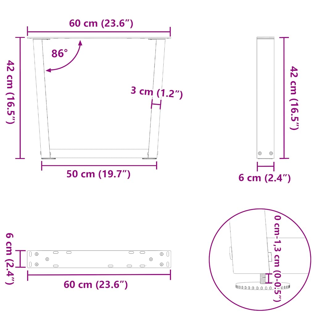 Nohy jídelního stolku ve tvaru V 2ks 60x(42-43,3) cm ocel