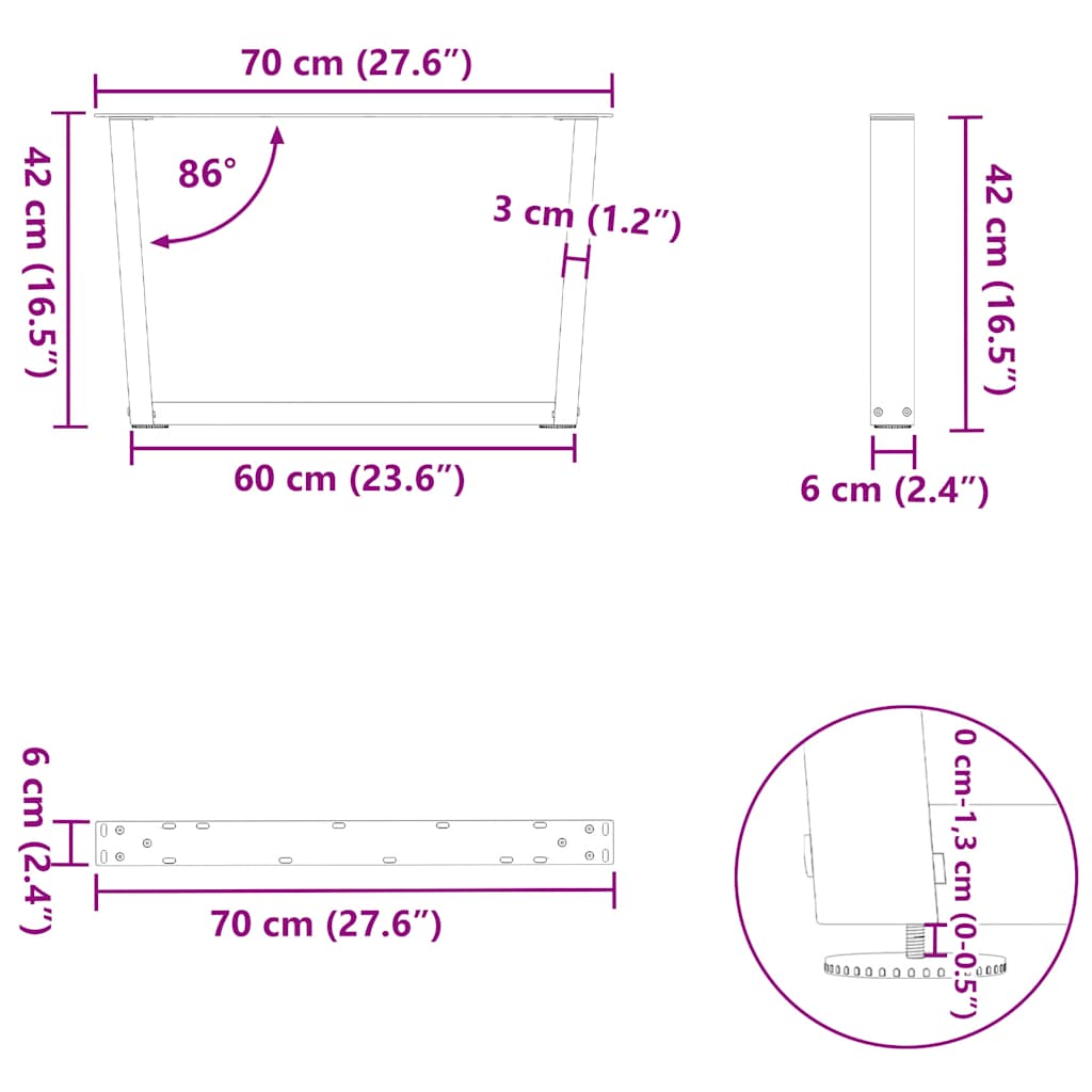 Nohy jídelního stolku ve tvaru V 2ks černé 70x(42-43,3) cm ocel