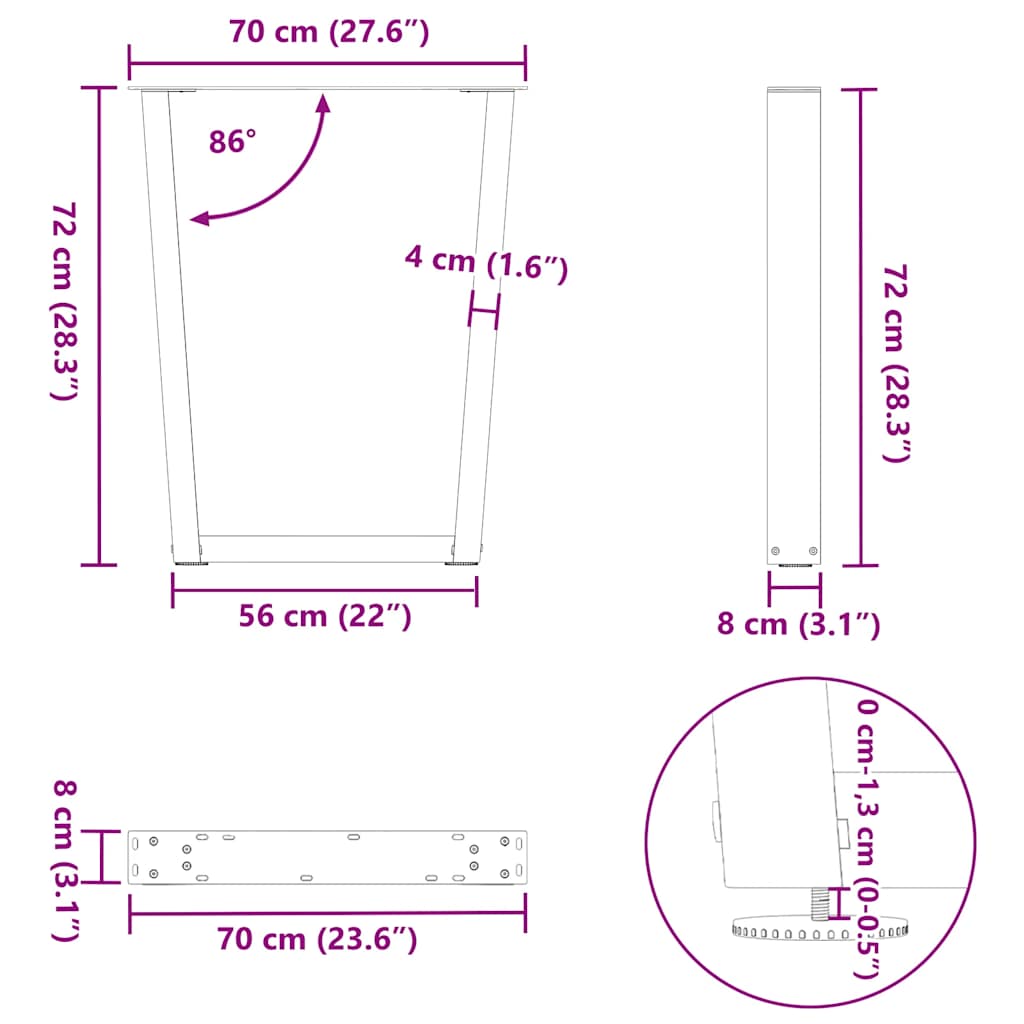 Nohy jídelního stolku ve tvaru V 2ks černé 70x(72-73,3) cm ocel