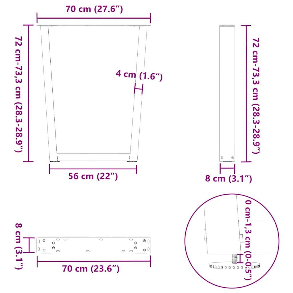 Nohy jídelního stolku ve tvaru V 2ks bílé 70x(72-73,3) cm ocel