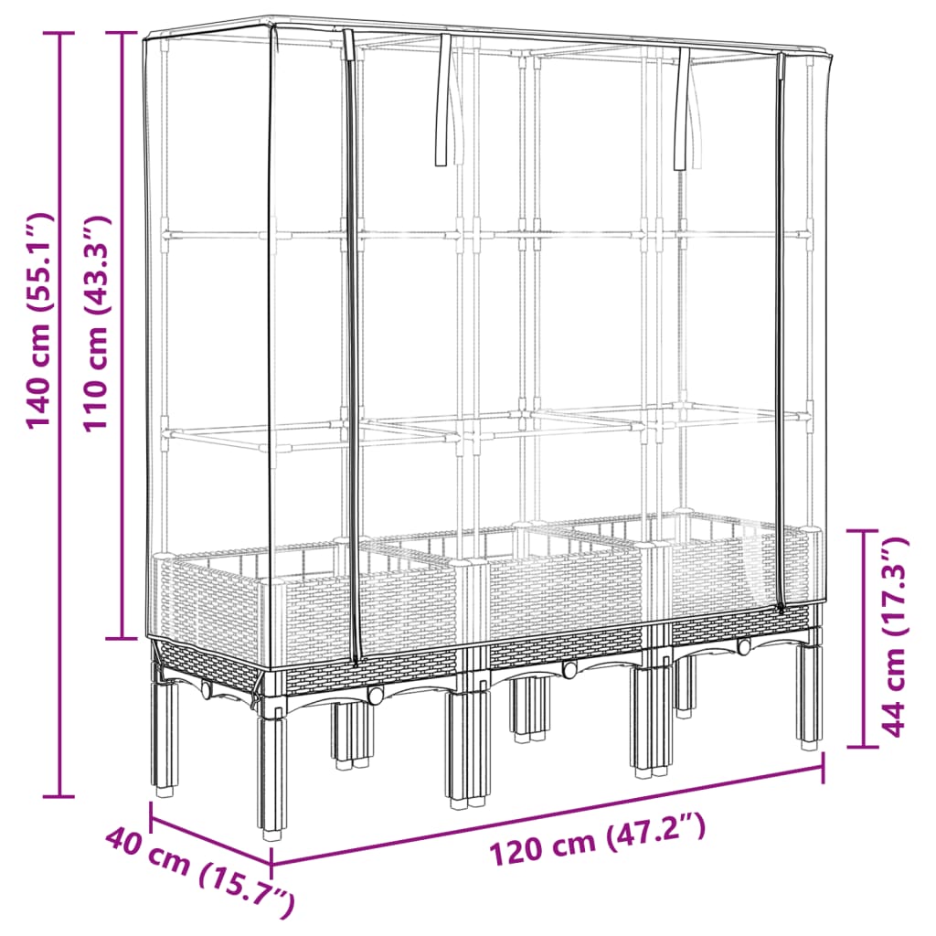 Vyvýšený záhon se skleníkem ratanový vzhled 120 x 40 x 140 cm