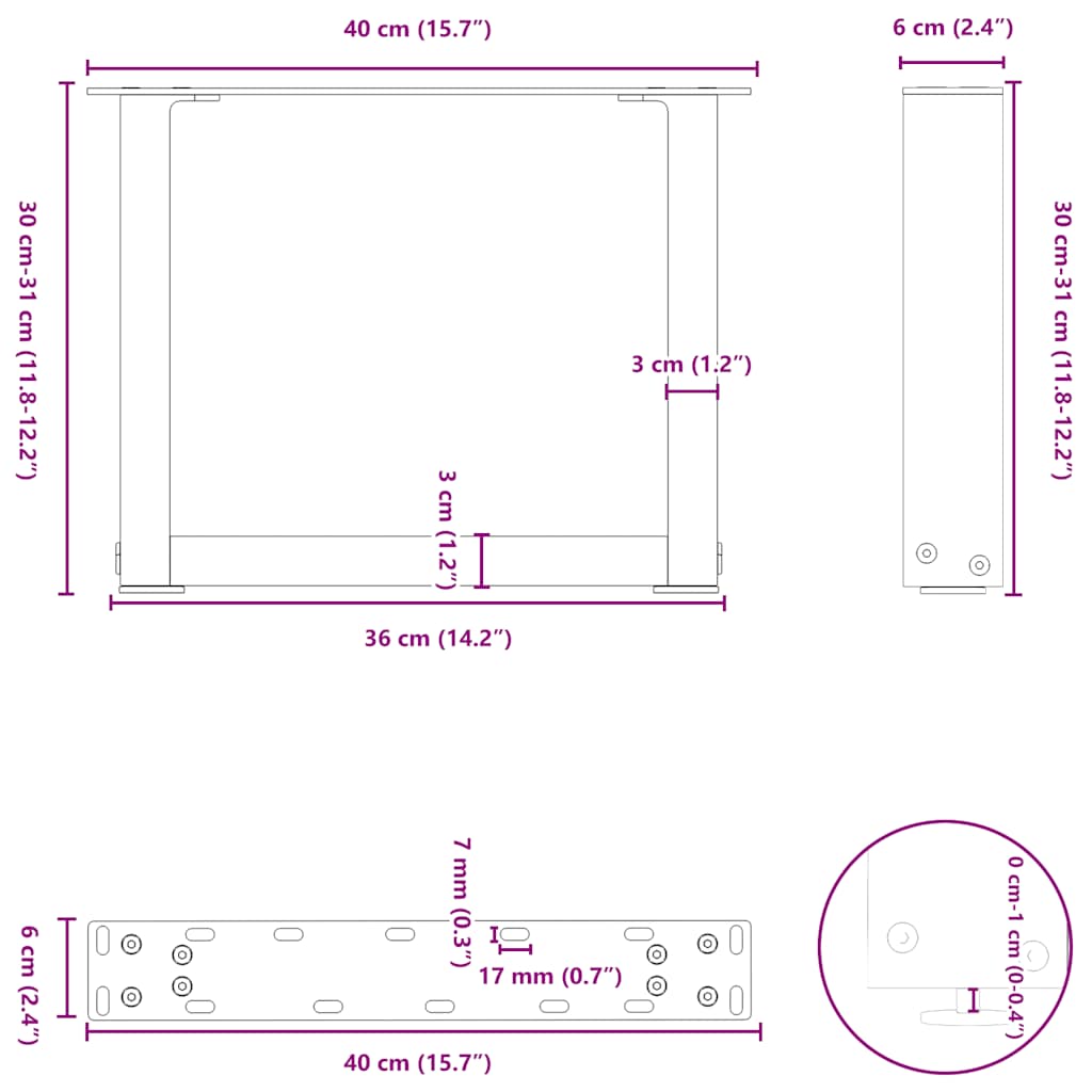 Nohy konferenčního stolku ve tvaru U 2 ks bílé 40x(30-31) cm