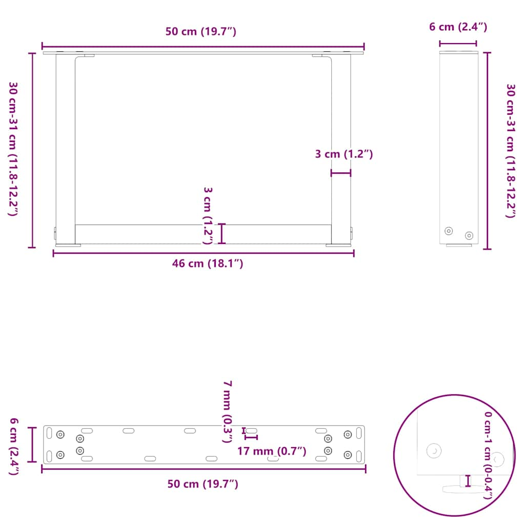 Nohy konferenčního stolku ve tvaru U 2 ks černé 50x(30-31) cm