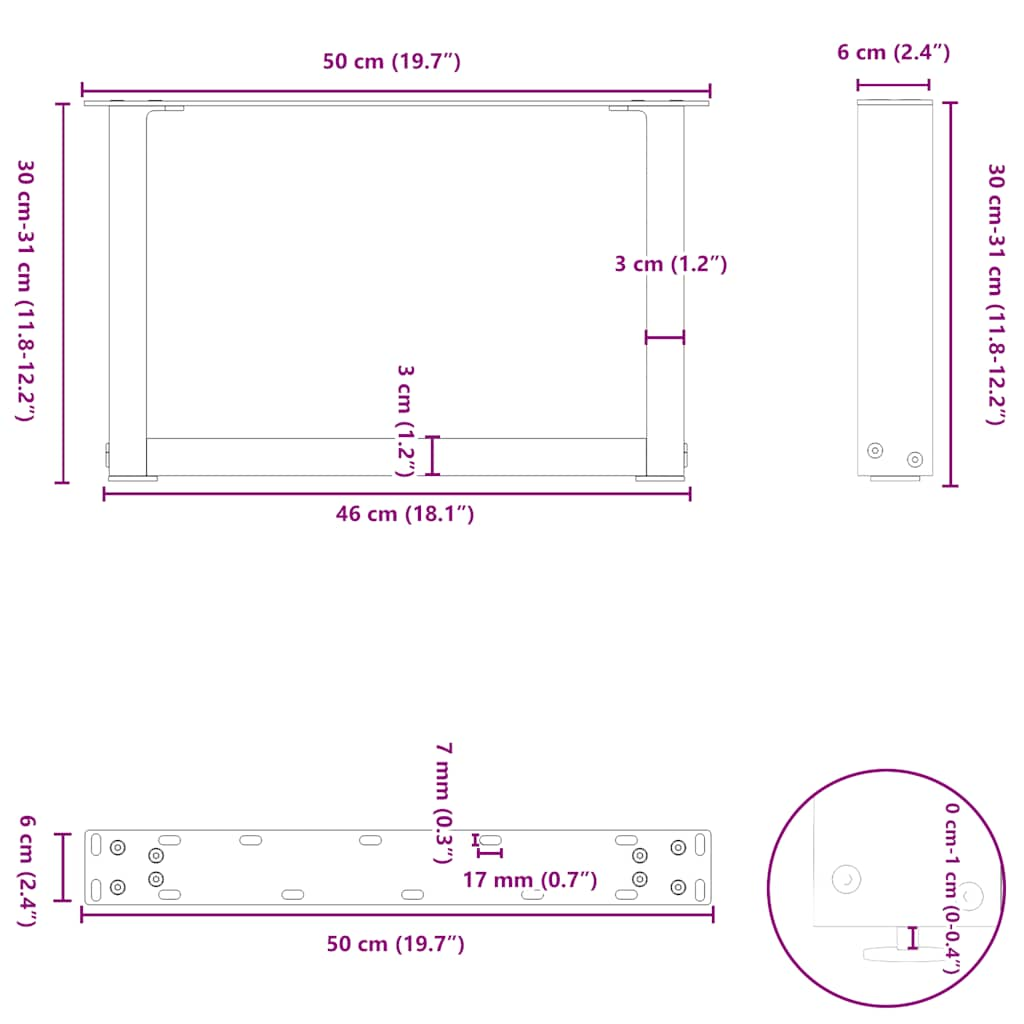 Nohy konferenčního stolku ve tvaru U 2 ks bílé 50x(30-31) cm