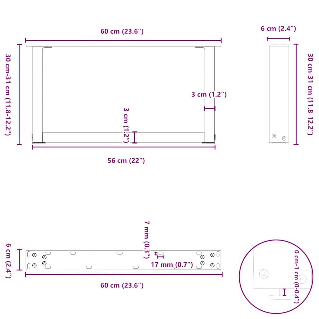 Nohy konferenčního stolku ve tvaru U 2 ks černé 60x(30-31) cm