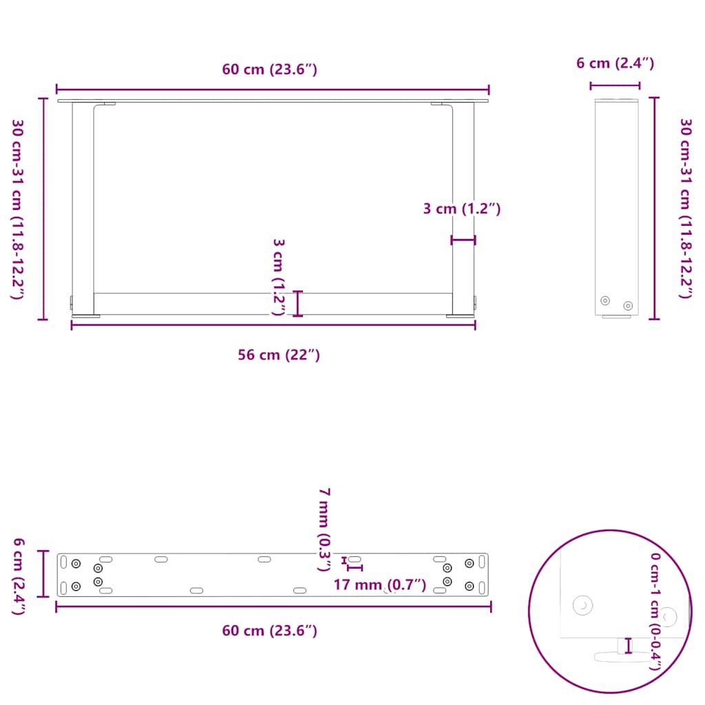 Nohy konferenčního stolku ve tvaru U 2 ks antracit 60x(30-31)cm