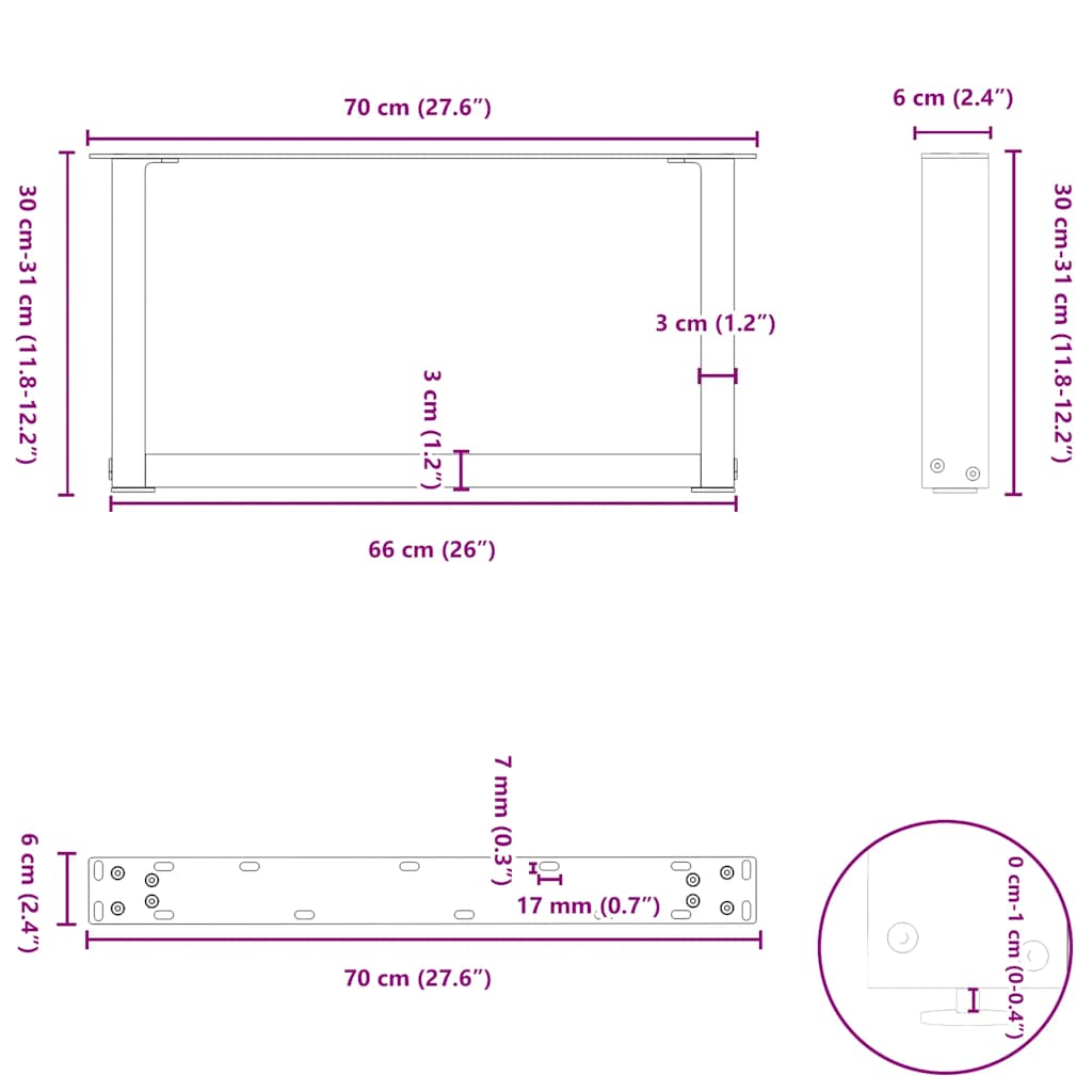 Nohy konferenčního stolku ve tvaru U 2 ks černé 70x(30-31) cm