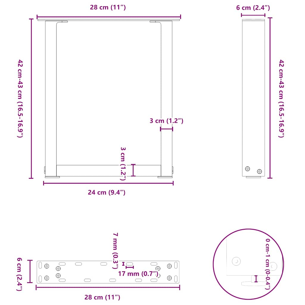 Nohy konferenčního stolku ve tvaru U 2 ks černé 28x(42-43) cm