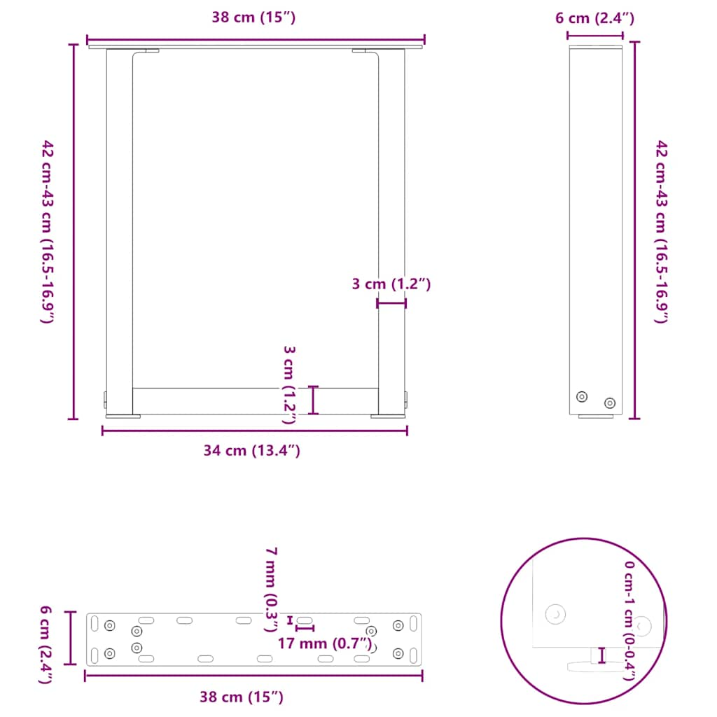 Nohy konferenčního stolku ve tvaru U 2 ks černé 38x(42-43) cm