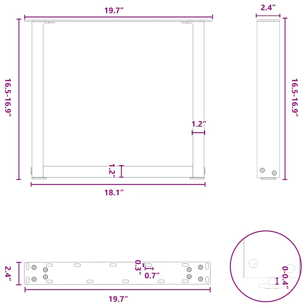 Nohy konferenčního stolku ve tvaru U 2 ks antracit 50x(42-43)cm