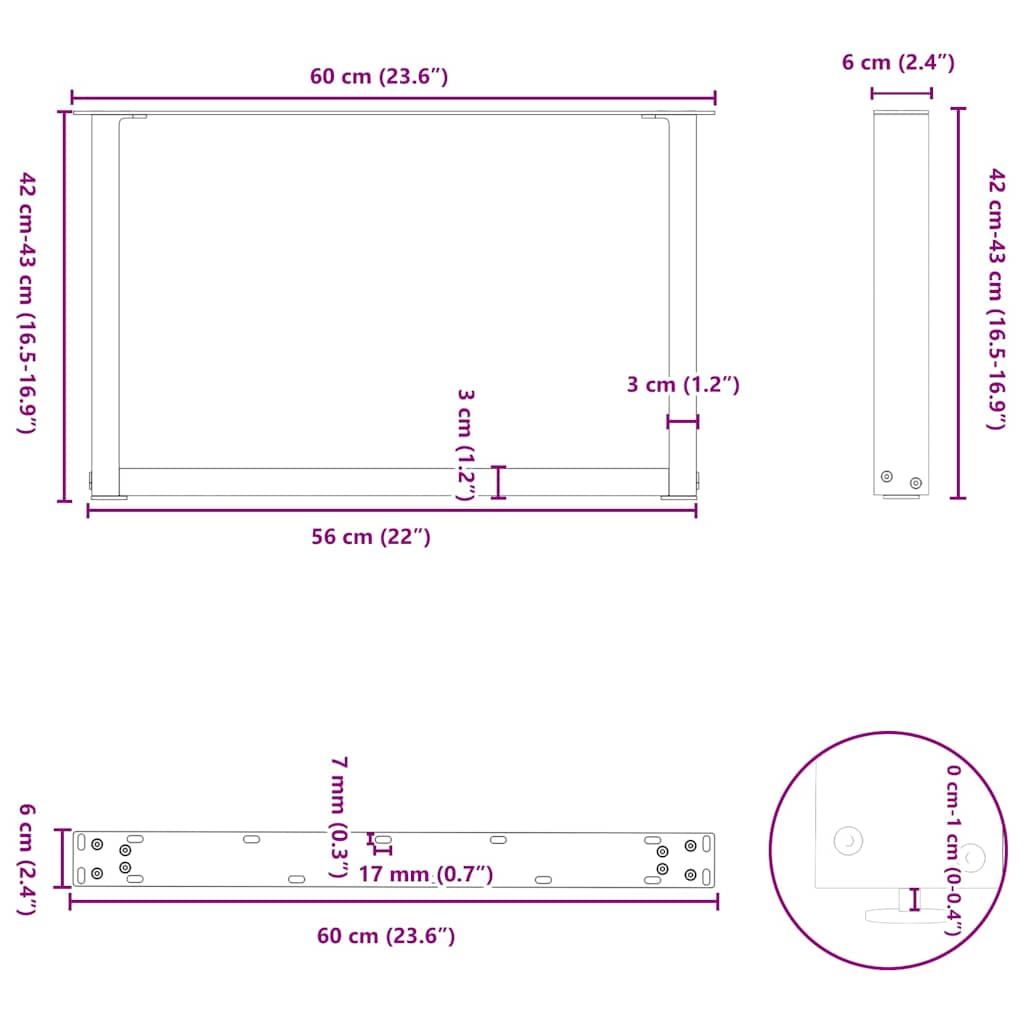 Nohy konferenčního stolku ve tvaru U 2 ks černé 60x(42-43) cm