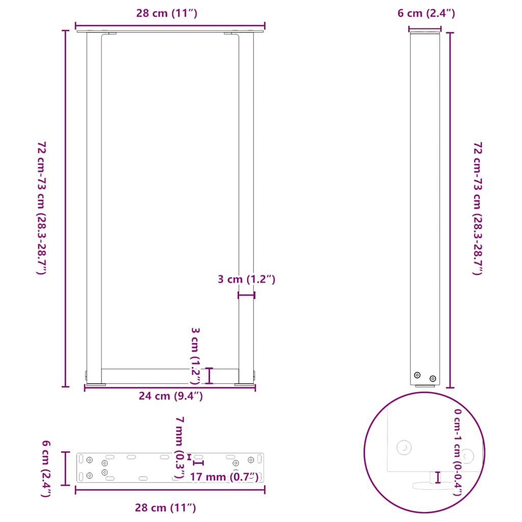 Nohy konferenčního stolku ve tvaru U 2 ks černé 28x(72-73) cm