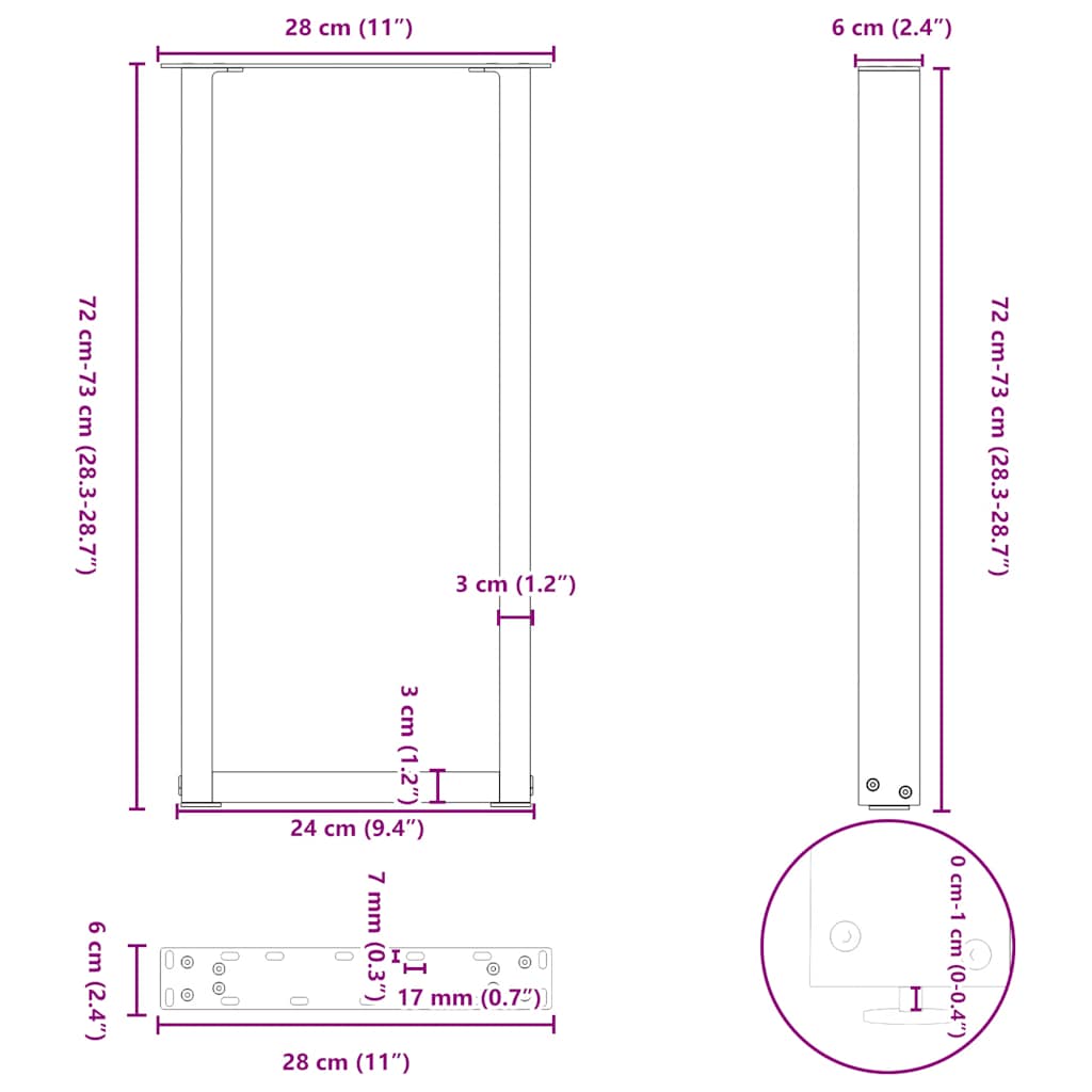 Nohy konferenčního stolku ve tvaru U 2 ks antracit 28x(72-73)cm