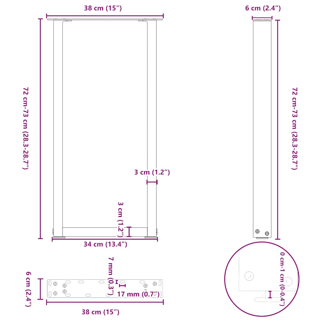 Nohy konferenčního stolku ve tvaru U 2 ks černé 38x(72-73) cm