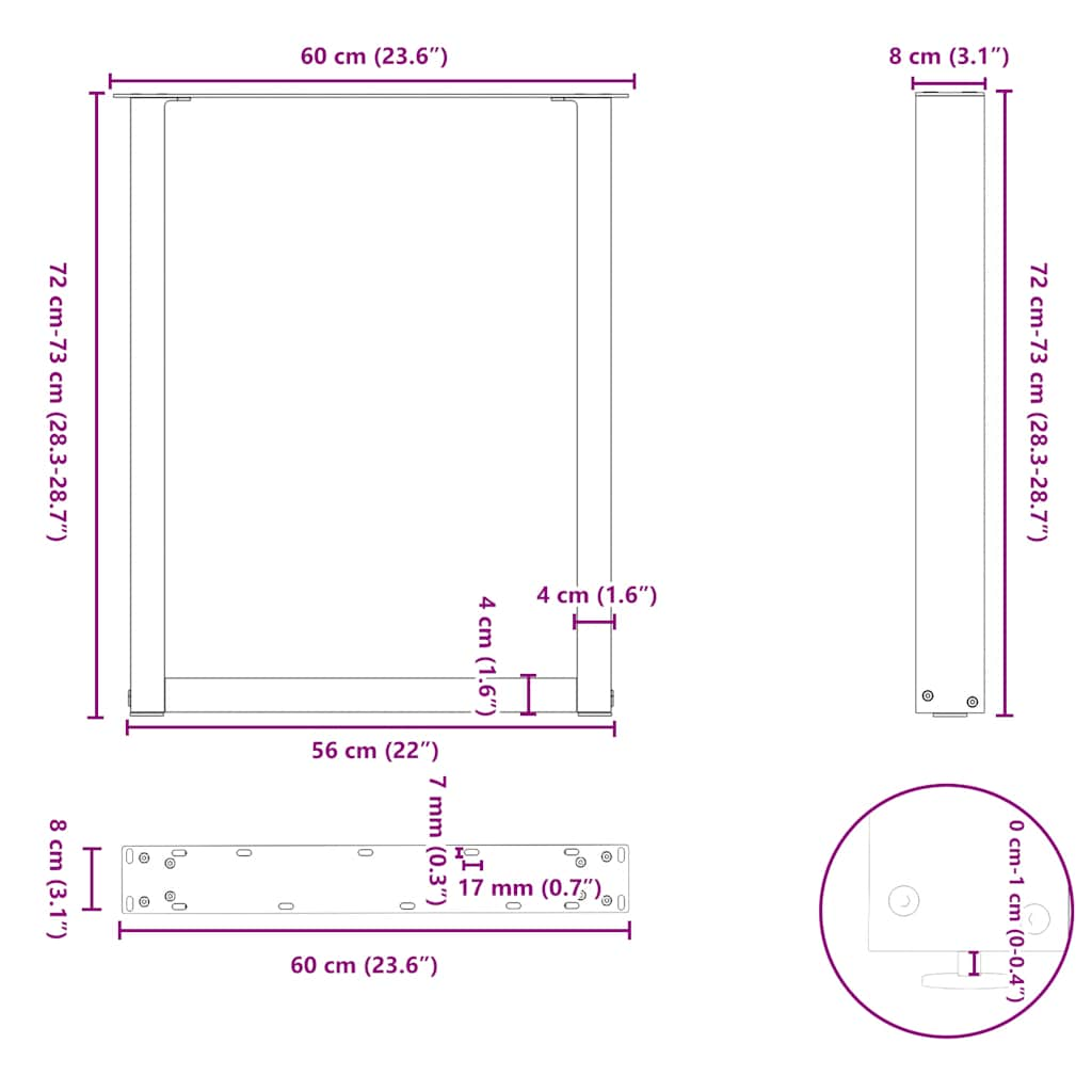 Nohy konferenčního stolku ve tvaru U 2 ks černé 60x(72-73) cm