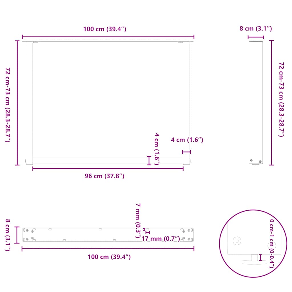 Nohy konferenčního stolku ve tvaru U 2 ks 100x(72-73) cm ocel