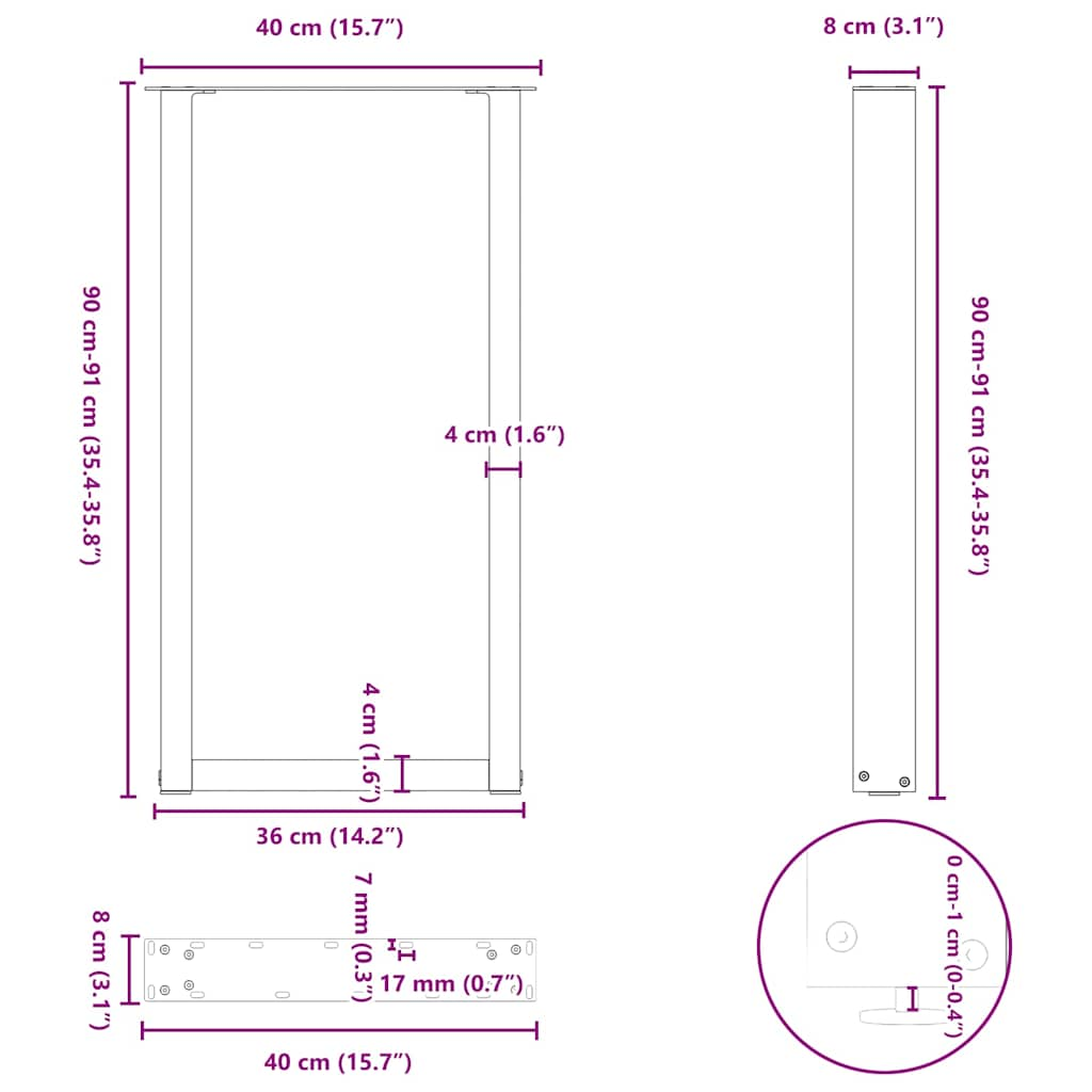 Nohy konferenčního stolku ve tvaru U 2 ks černé 40x(90-91) cm