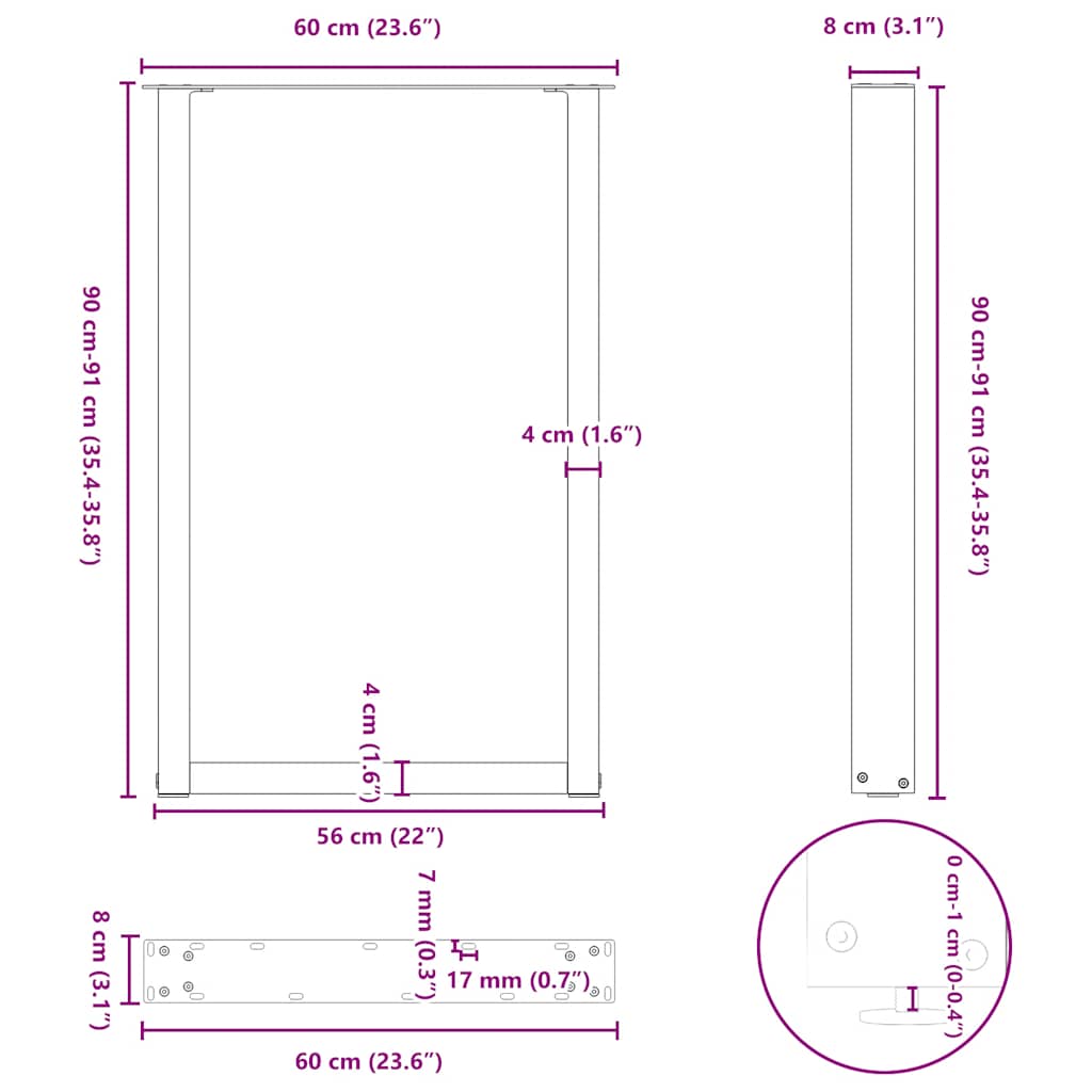 Nohy konferenčního stolku ve tvaru U 2 ks černé 60x(90-91) cm