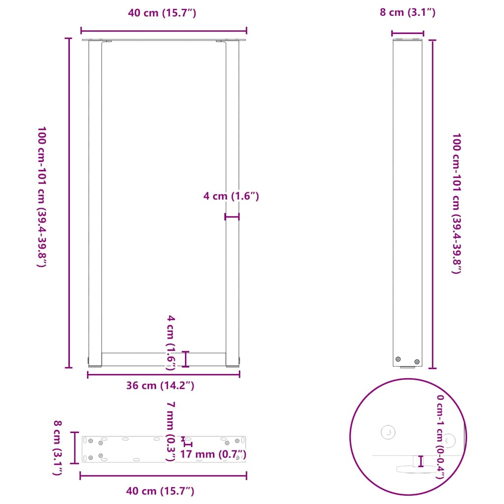 Nohy konferenčního stolku ve tvaru U 2 ks černé 40x(100-101)cm