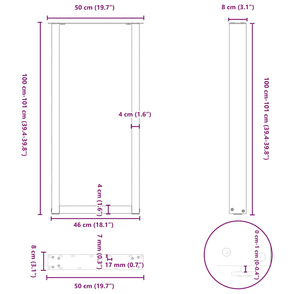 Nohy konferenčního stolku ve tvaru U 2 ks černé 50x(100-101)cm