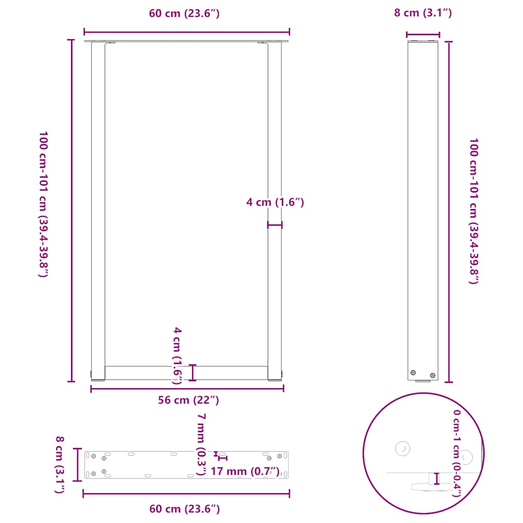 Nohy konferenčního stolku ve tvaru U 2 ks černé 60x(100-101)cm