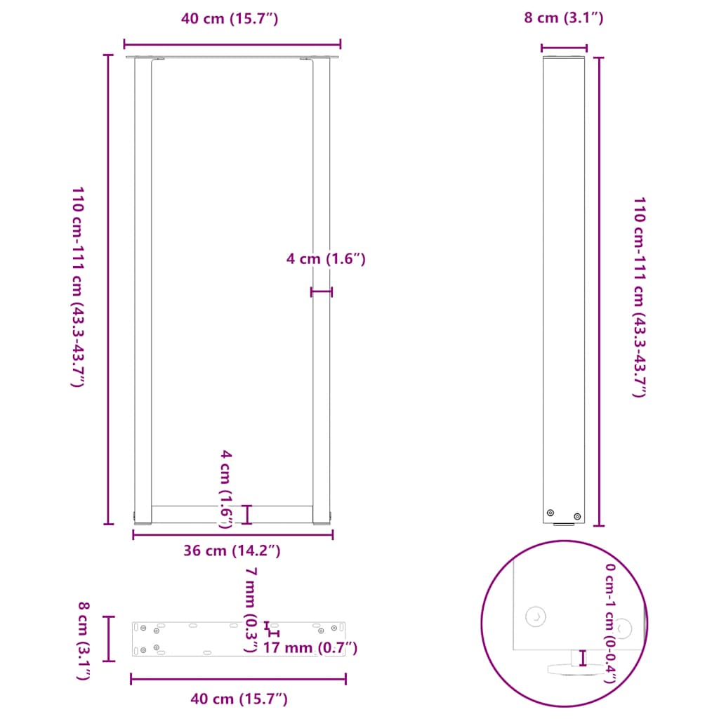 Nohy konferenčního stolku ve tvaru U 2 ks černé 40x(110-111)cm