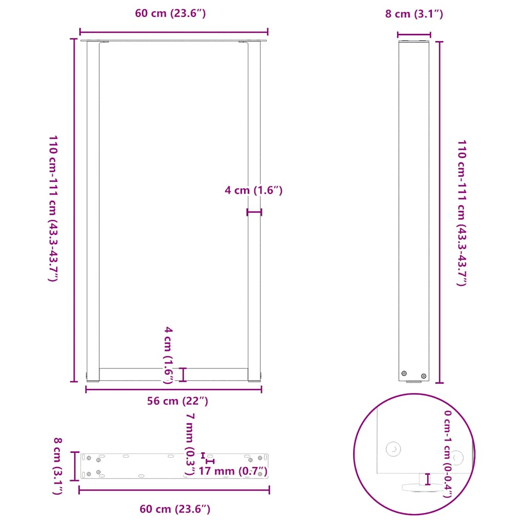 Nohy konferenčního stolku ve tvaru U 2 ks černé 60x(110-111)cm