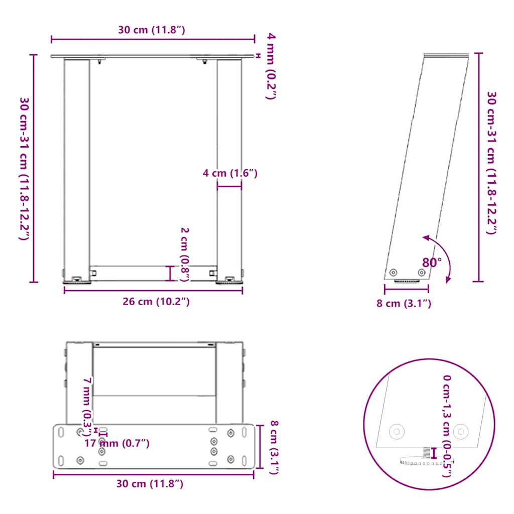 Nohy konferenčního stolku ve tvaru U 2 ks bílé 30x(30-31) cm