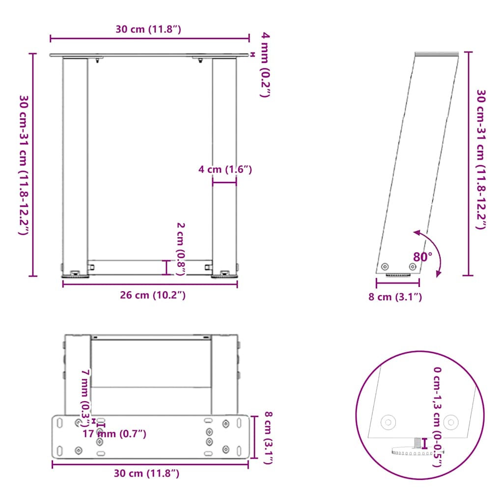 Nohy konferenčního stolku ve tvaru U 2 ks antracit 30x(30-31)cm