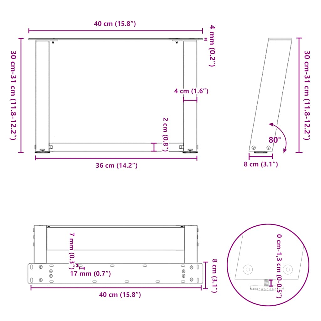 Nohy konferenčního stolku ve tvaru U 2 ks černé 40x(30-31) cm