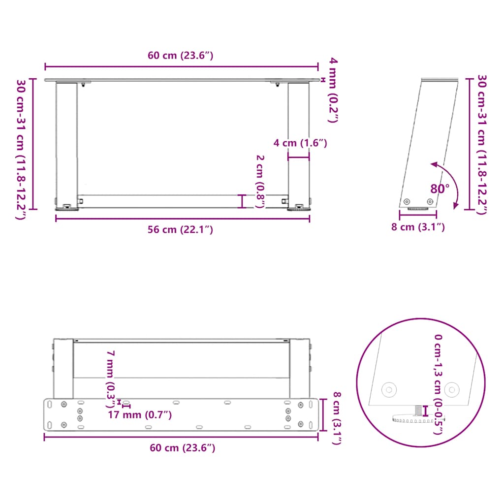 Nohy konferenčního stolku ve tvaru U 2 ks černé 60x(30-31) cm