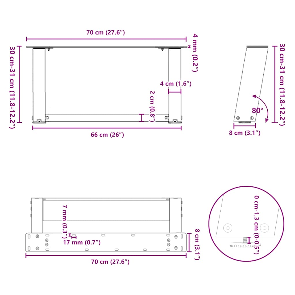 Nohy konferenčního stolku ve tvaru U 2 ks antracit 70x(30-31)cm