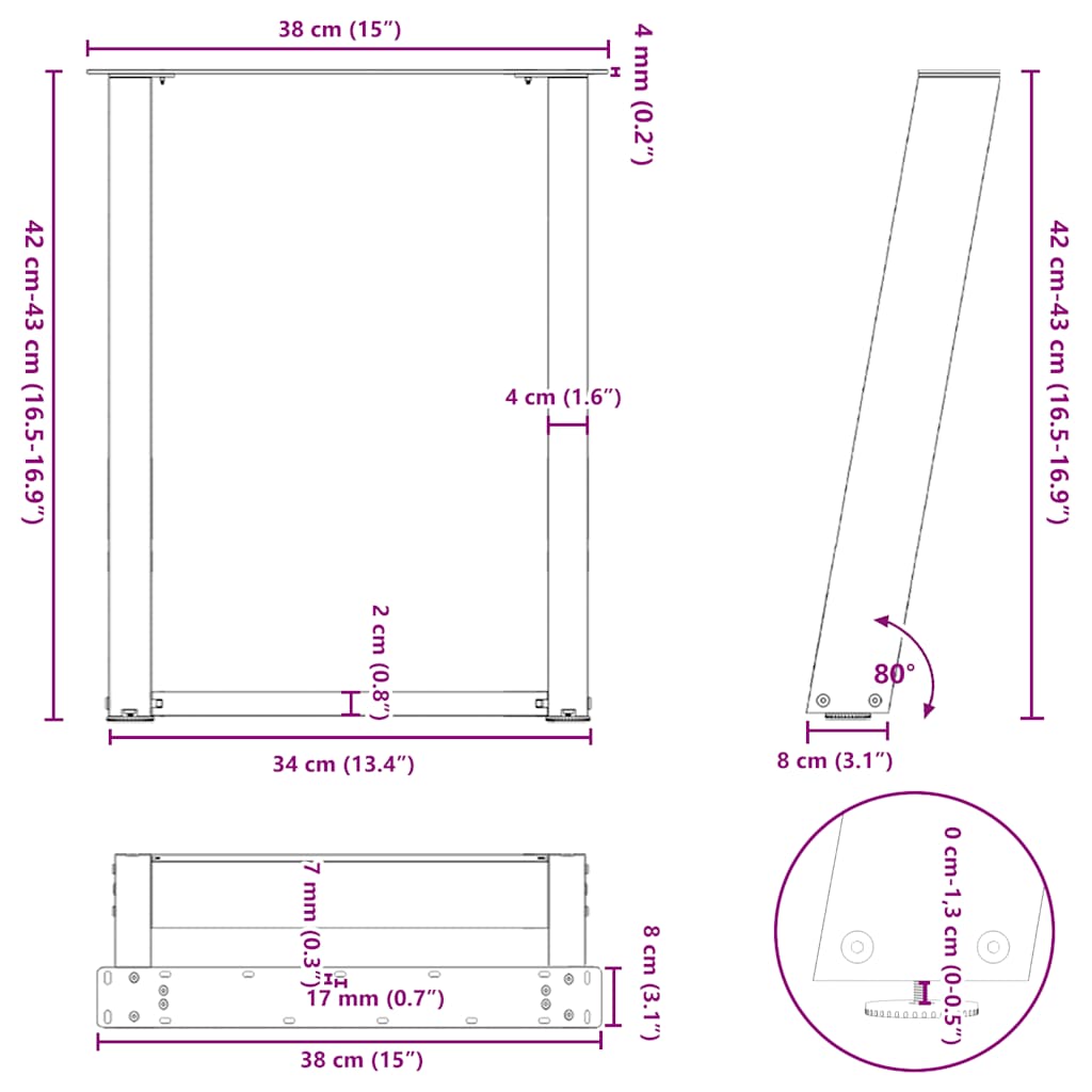 Nohy konferenčního stolku ve tvaru U 2 ks černé 38x(42-43) cm