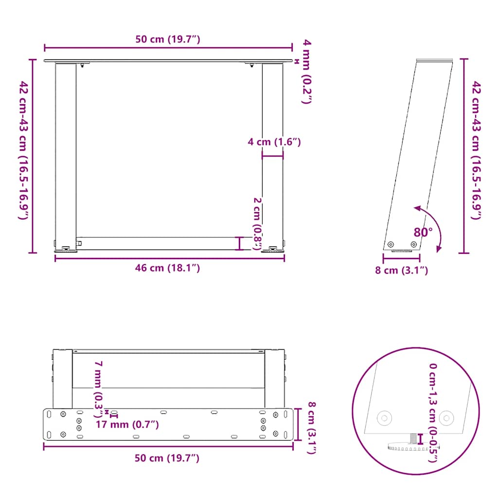 Nohy konferenčního stolku ve tvaru U 2 ks bílé 50x(42-43) cm