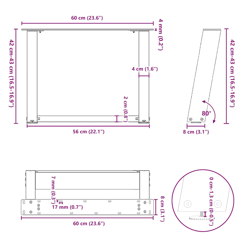 Nohy konferenčního stolku ve tvaru U 2 ks bílé 60x(42-43) cm