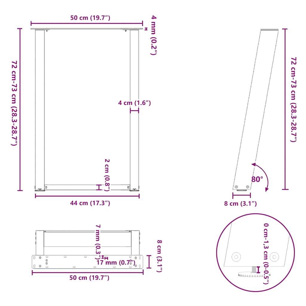 Nohy jídelního stolku ve tvaru U 2 ks antracit 50x(72-73) cm