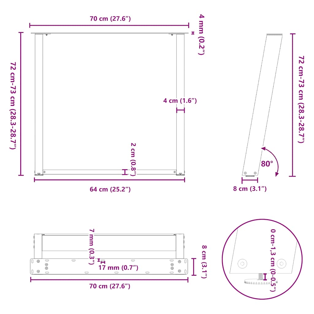 Nohy jídelního stolku ve tvaru U 2 ks bílé 70x(72-73) cm ocel