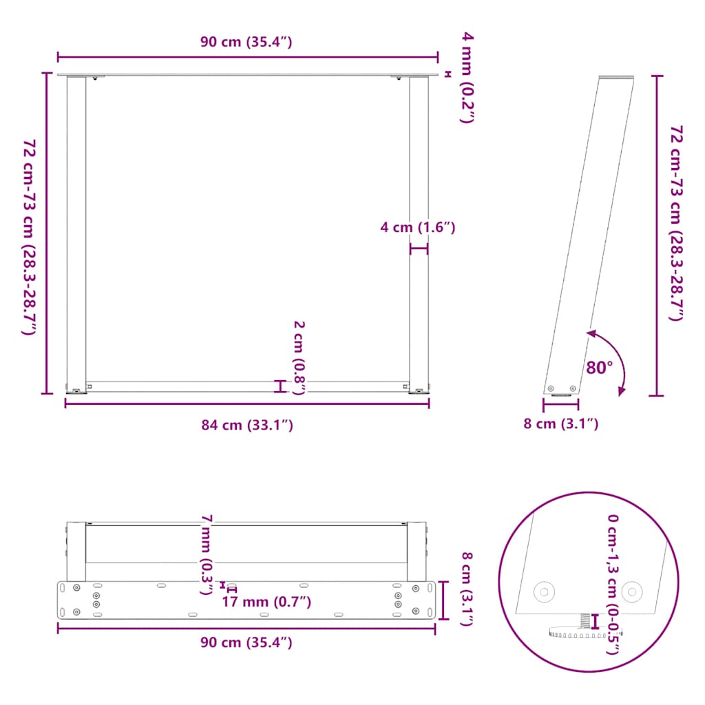 Nohy jídelního stolku ve tvaru U 2 ks antracit 90x(72-73) cm