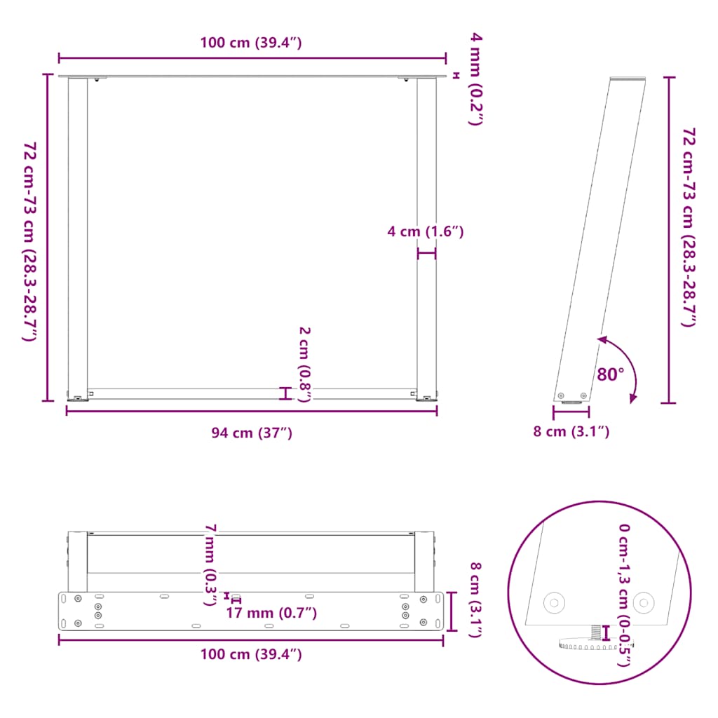 Nohy jídelního stolku ve tvaru U 2 ks antracit 100x(72-73) cm