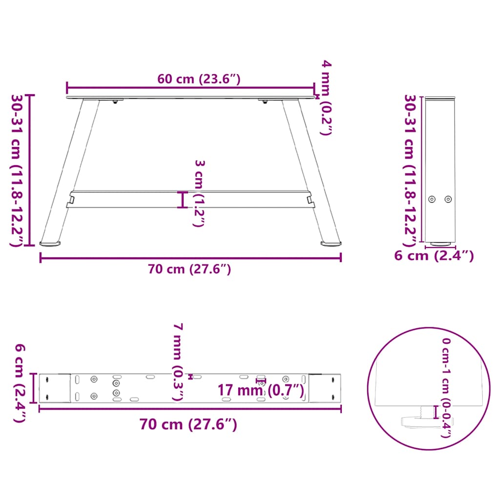 Nohy konferenčního stolku ve tvaru A 2 ks černé 70x(30-31) cm